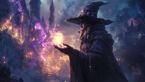 Robe clad wizard holding luminous orb near tall towers.