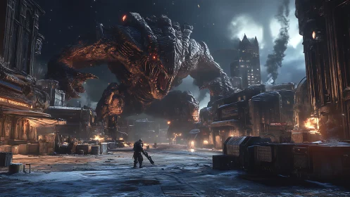 Giant creature confronting armed figure in ruined city street.