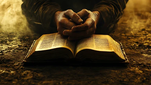 Hands rest on open Bible on rough ground in warm light