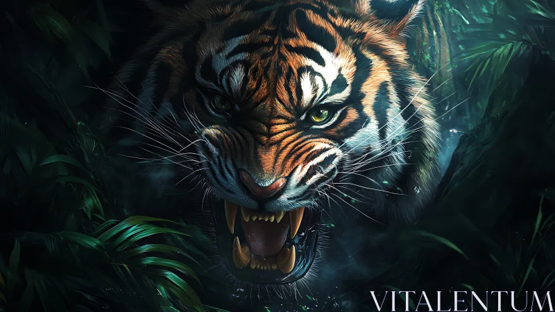 Snarling jungle tiger lunges through dark emerald foliage.