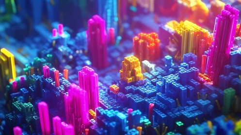Neon voxel cityscape pulses with luminous cyber energy