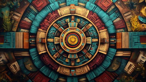 Radial geometric mandala in layered teal and ochre relief.