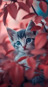 Kitten Surrounded by Crimson Foliage.