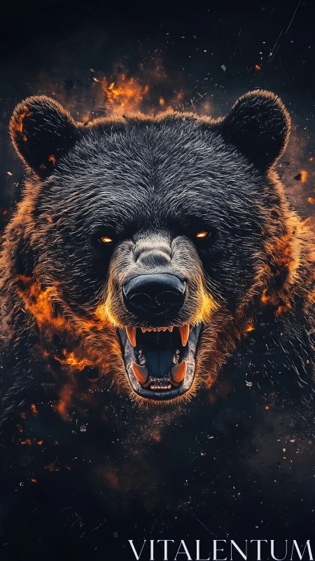 Roaring bear head with fiery accents on dark backdrop.