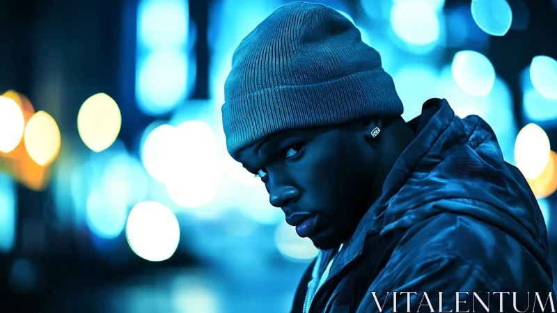 Portrait of a man in blue-toned urban night lighting