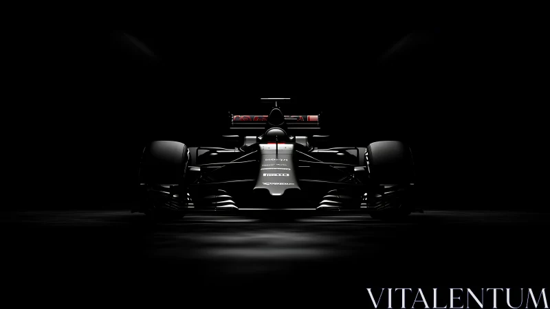Midnight studio view of sleek black Formula race car.