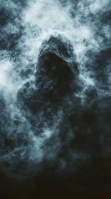 Hooded silhouette dissolves into volumetric cyan smoke field