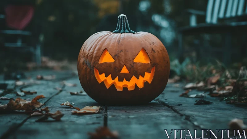Glowing jack-o-lantern rests on leaf-strewn garden path.
