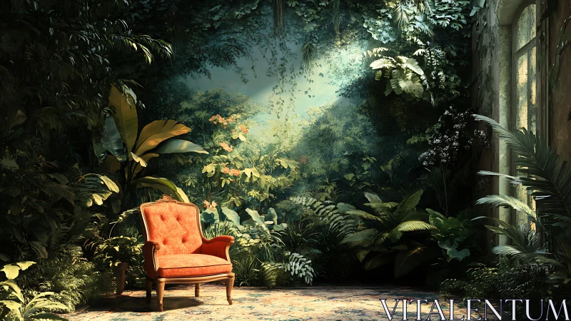 Velvet throne lounging in a sunlit overgrown conservatory.