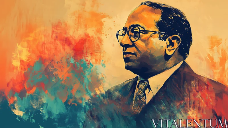 Portrait of a suited man in profile with abstract background.