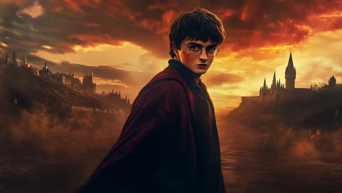 Young wizard stands before twin castles at burning dusk