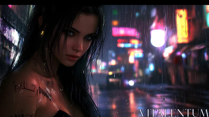 Neon-soaked woman stares defiantly through the midnight rain.