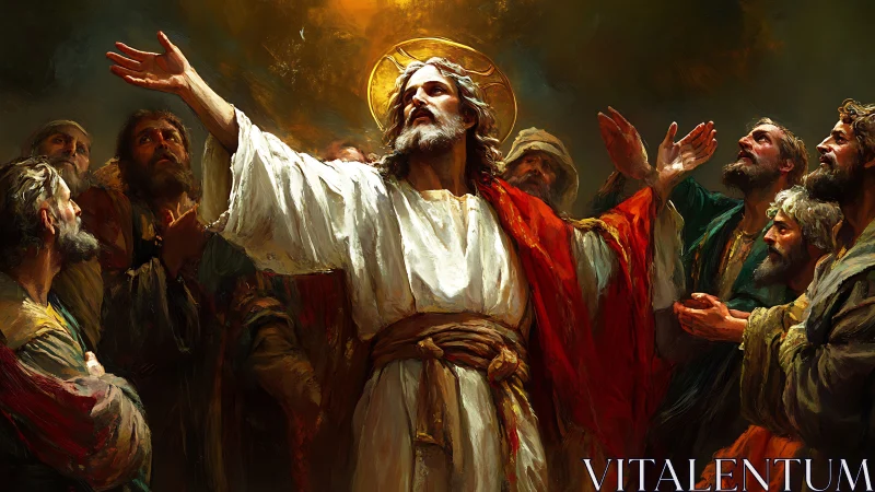 Dramatic ascension tableau with radial lighting and halo emphasis