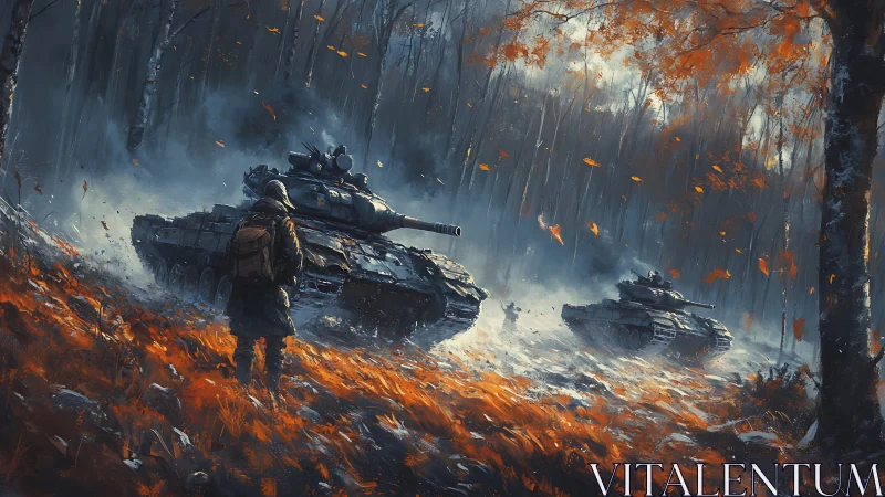 Soldier watches tanks advance through smoky autumn forest