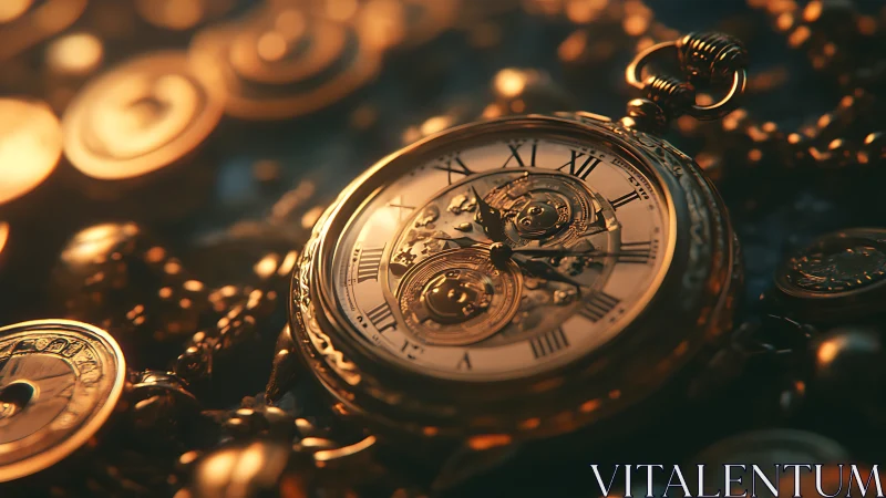 Gilded pocket watch dreaming in coins and molten light.
