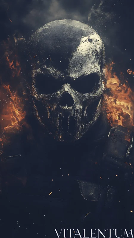 Burning skull mask silhouette in dark fiery atmosphere.