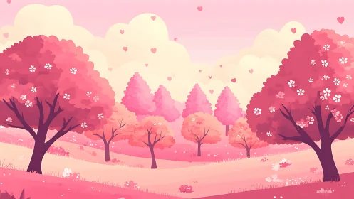 Romantic stylized pink orchard with flowering heart motif