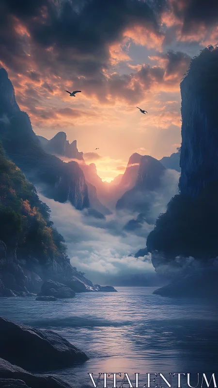 Mist-Carved Fjord Sunrise with Drifting Sky Birds.