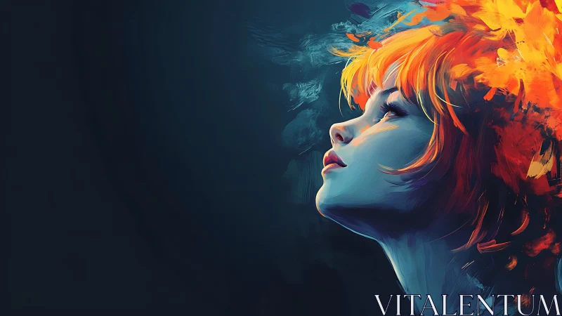 Ember-haired dreamer gazes upward through swirling color. Period.