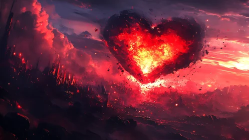 Fiery Heart Rises Above a Burning Apocalyptic Landscape