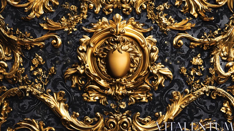 Baroque gold arabesques swirl around a gleaming central crest
