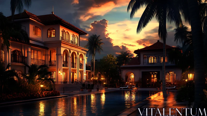 Golden sunset embraces a tranquil luxury villa poolside