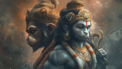 Mythic monkey warrior duo in ornate golden crowns.