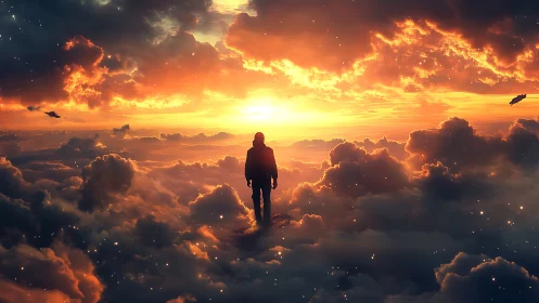 Sunset wanderer strides the glowing stairways of clouds