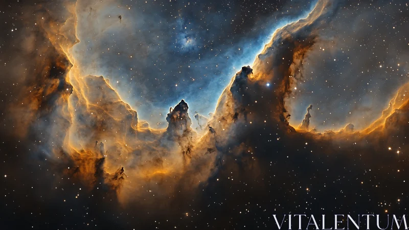 Nebula spires emerging through glowing ionized gas veil.