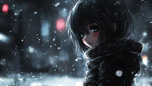 Snow-lit anime portrait uses shallow depth and specular highlights