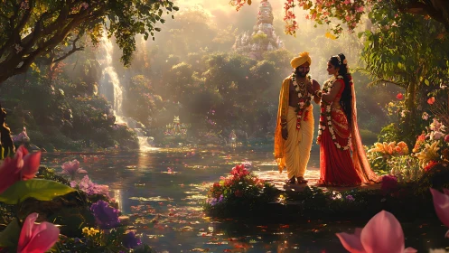 Enchanted riverside wedding beneath a luminous floral canopy.