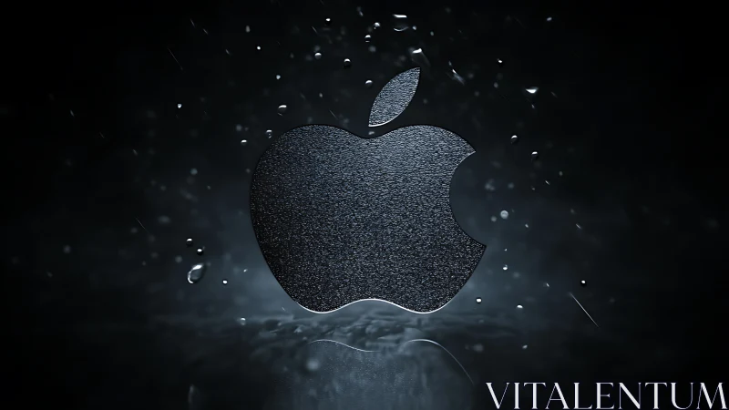 Grit-textured apple emblem floating in stormy digital mist.