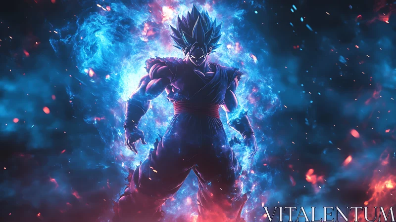 Energetic warrior stands engulfed in blue and red aura flames