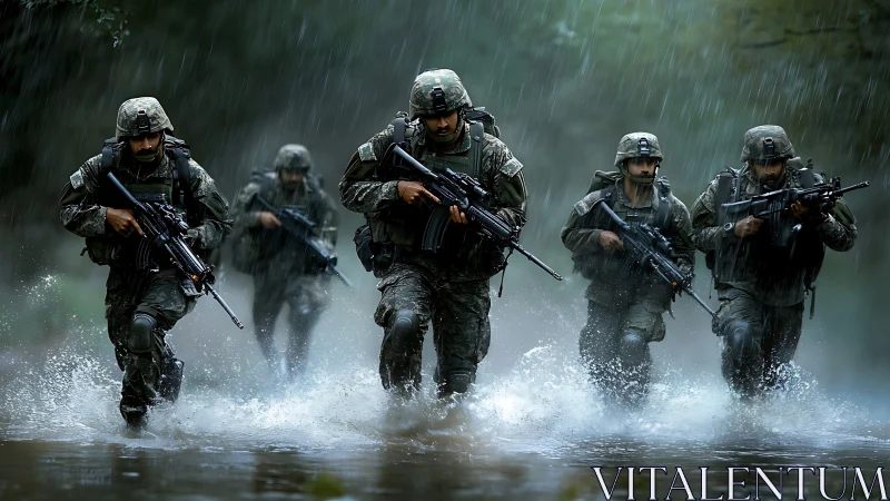 Storm-forged soldiers carve bright wakes through drowning rain