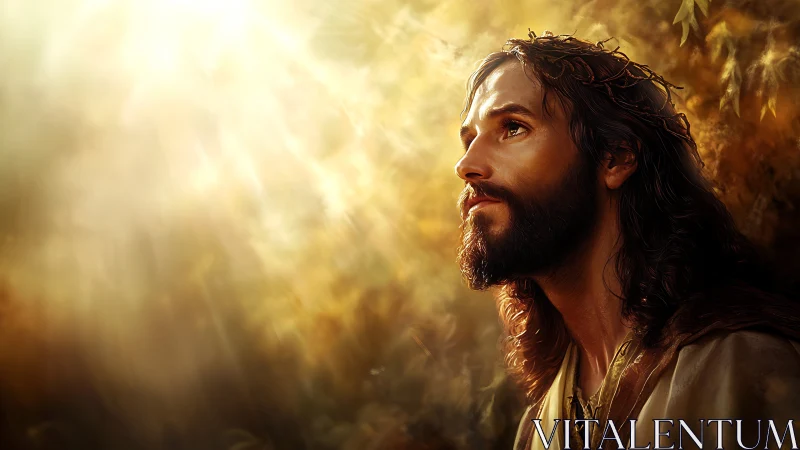 Bearded man in crown of thorns under radiant golden light.