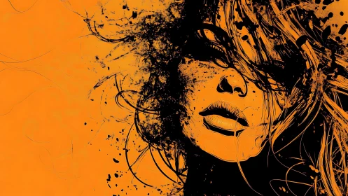 Female face rendered in high contrast orange and black ink