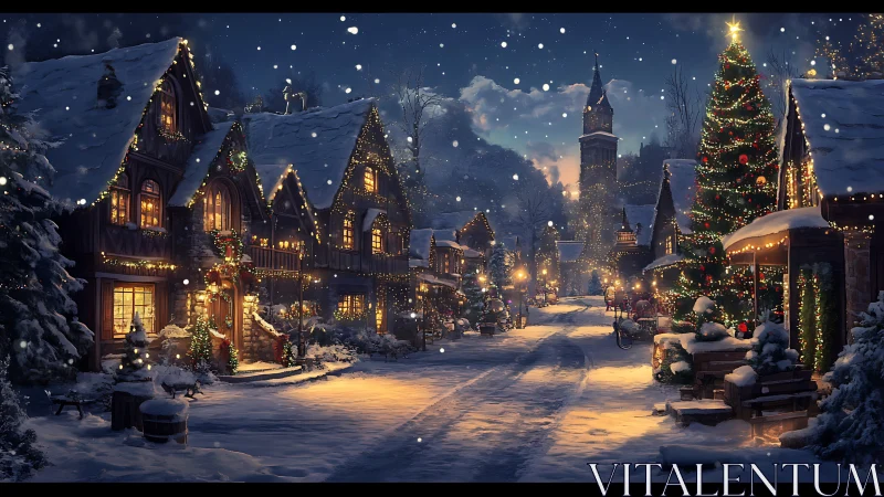 Snowy village street glows with magical Christmas lights.