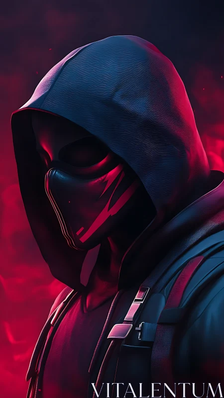 Hooded masked figure in red and blue digital lighting profile.