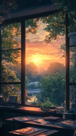 Sunset city view from quiet studio workspace window.