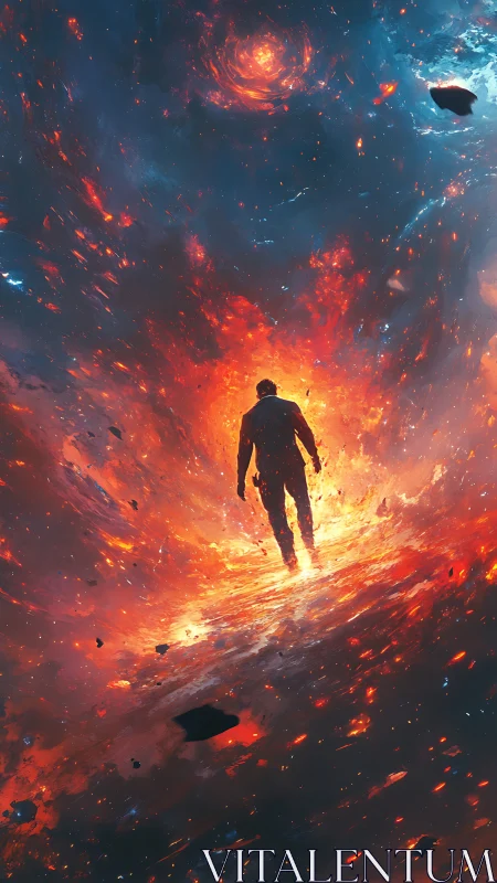 Stargazer strides through a molten sky and wakes the cosmos