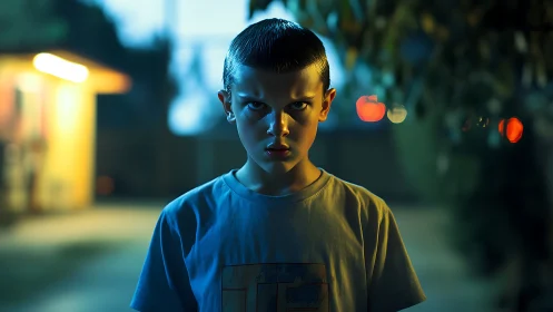 Moody kid in neon night glow, caught mid-stare.