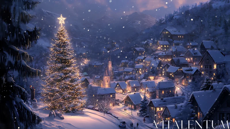 Snowy mountain village glows around a towering Christmas tree