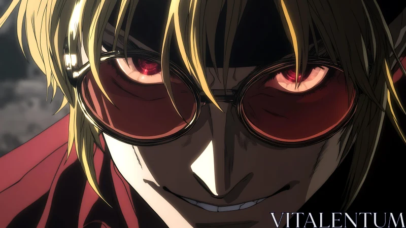 Intense anime antihero with red glasses and sharp grin.