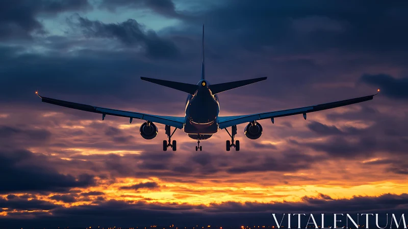 Commercial airliner landing over runway at vivid sunset sky.