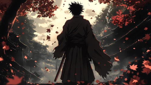 Lone samurai under autumn leaves in dramatic light.