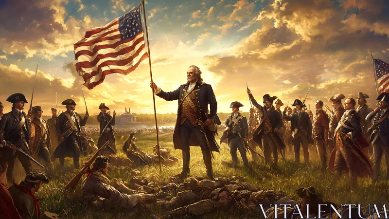 Military leader holding early US flag on battlefield at dusk.