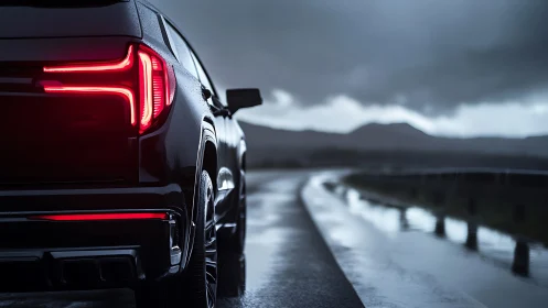 Rear SUV view shows illuminated taillights on wet coastal road