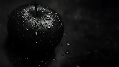 Glossy black apple with water droplets in low key lighting.