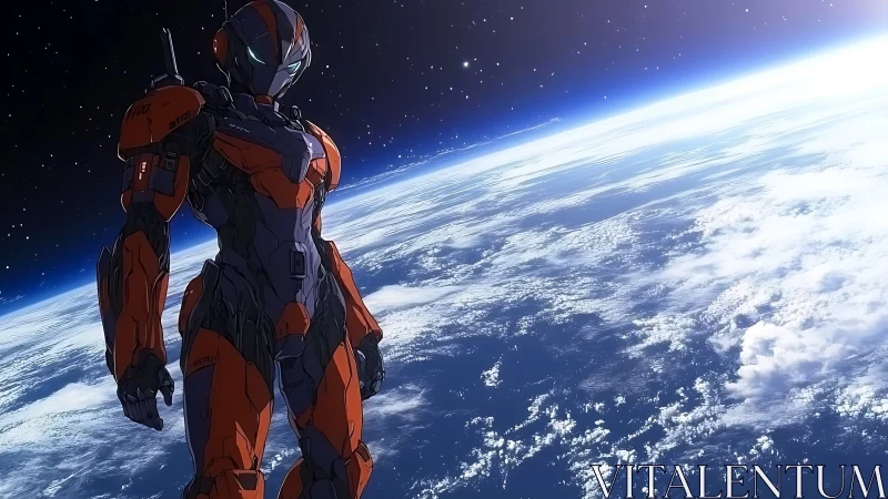 Orbital exosuit sentinel overlooking Earth’s limb in starlight.
