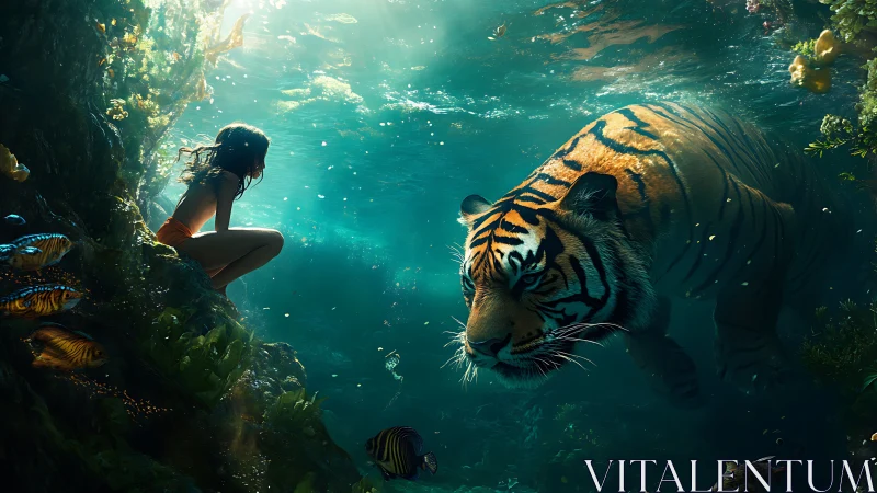 Quiet underwater meeting of girl, tiger, and drifting light.